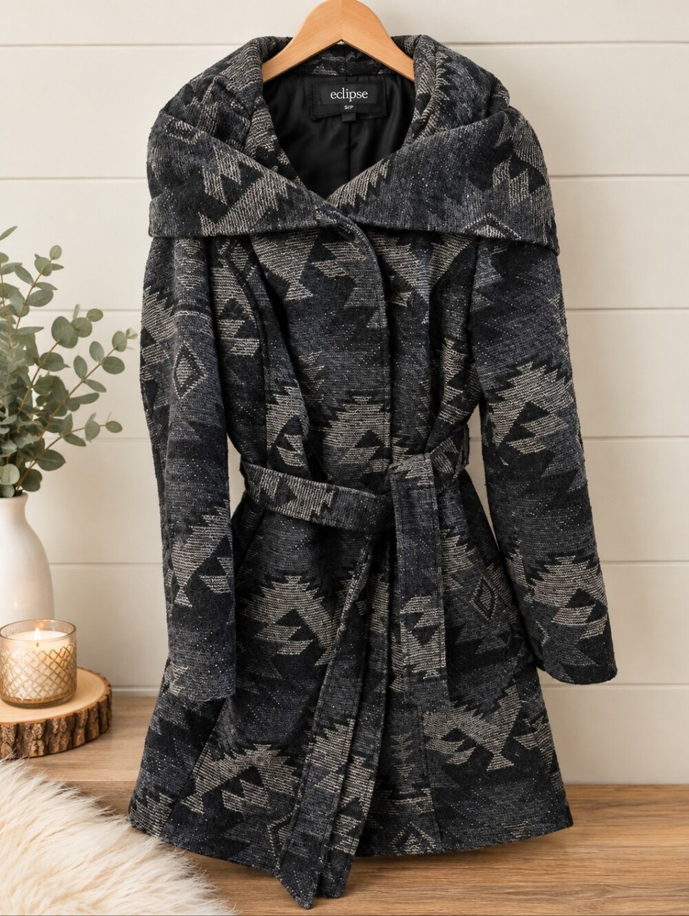 Eclipse Women's Gray Patterned Hooded Coat